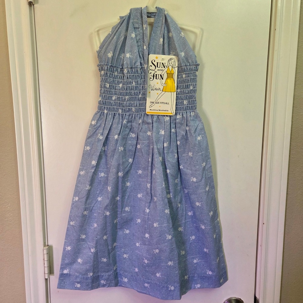 Vintage Sun and Fun Wear Girls Blue Floral Smocked Halter Dress OSFA